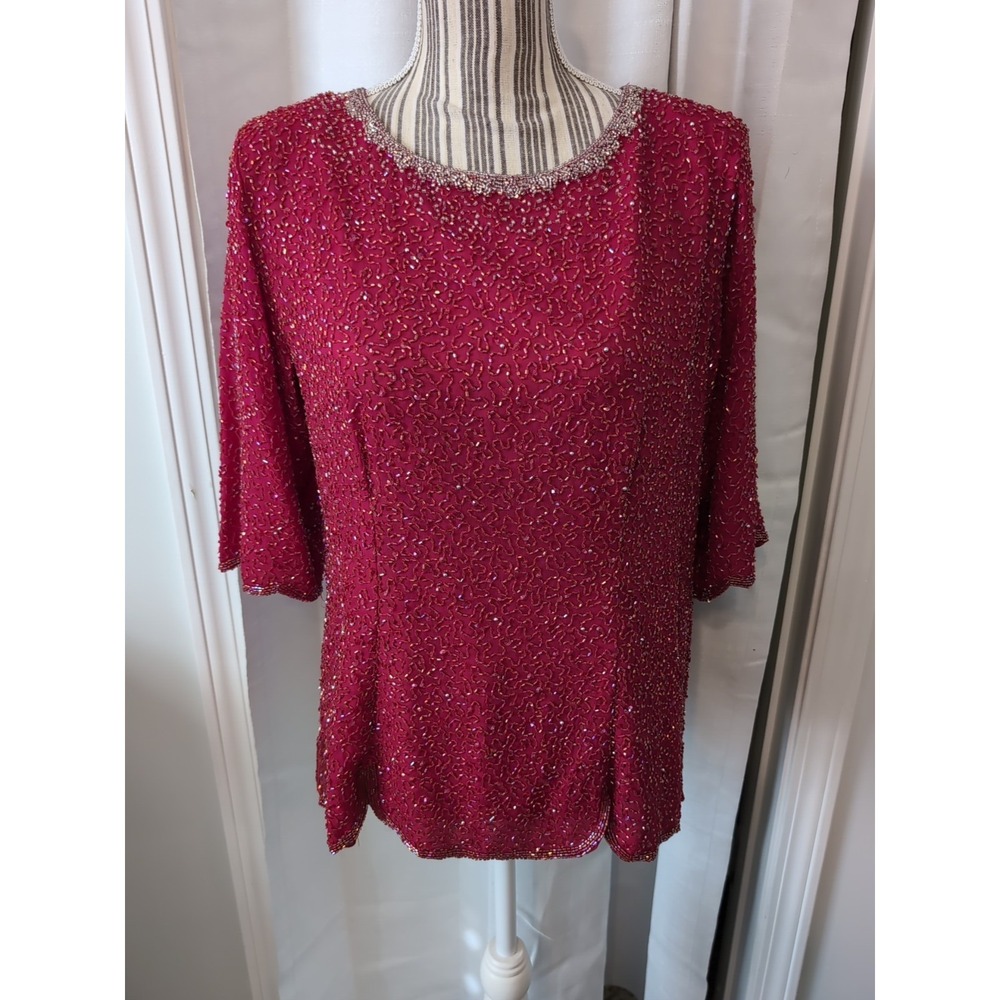 Vintage Inspired 100% Red Silk And Beaded Blouse Size Medium